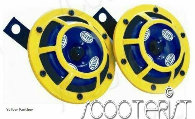 Hella Yellow Panther Sharptone Dual Horn Set 12V DC Auto Bici Universale Nuovo