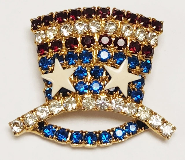 Vintage 50's Uncle Sam Red White & Blue Rhinestone Hat Patriotic July 4th Brooch