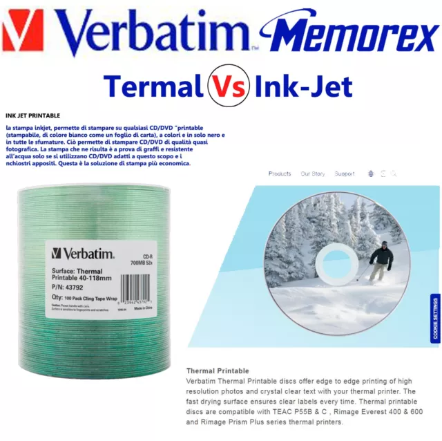 Cd Stampabili Verbatim Termal Printable & Memorex Ink-Jet Stampabili 700Mb 80Min