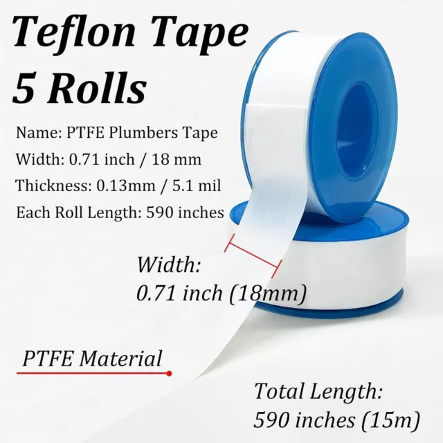 5 Rolls Premium Teflon Tape Plumbing, Plumbers Tape for Leaks, PTFE Tape, Thread