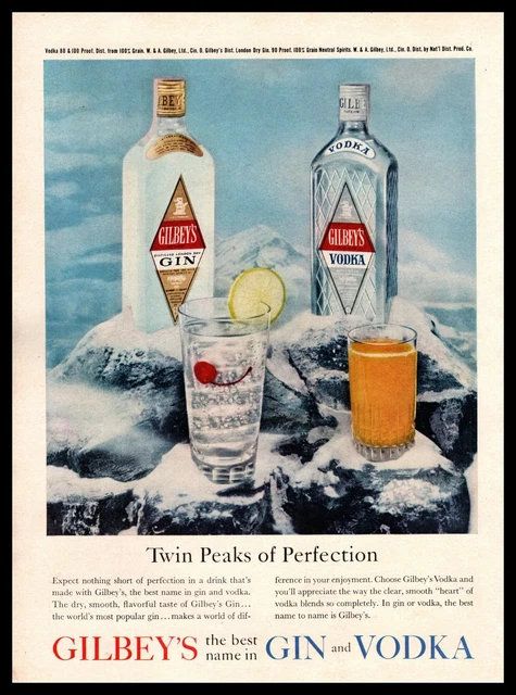 1960 Gilbey's London Dry Gin & Vodka "Twin Peaks Of Perfection" Vintage Print Ad
