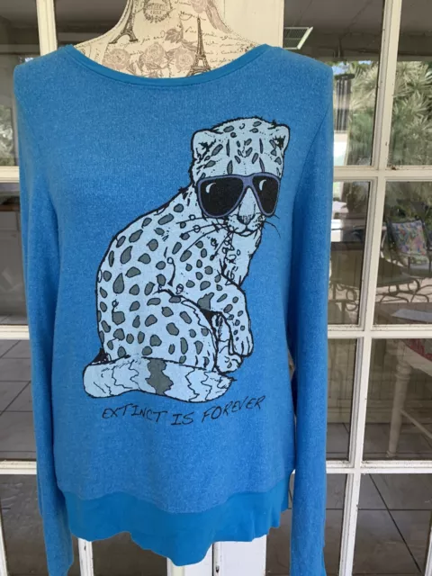 Wildfox Women’s Sweatshirt S Snow Leopard "Extinct is Forever" Blue Long Sleeve