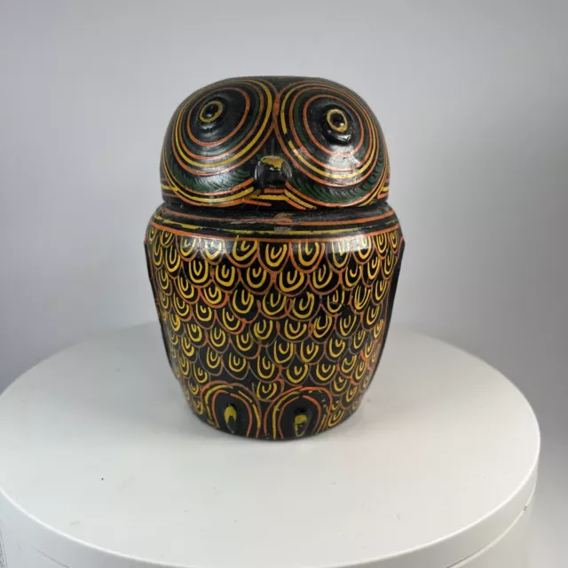 Vintage 5" Burmese Owl Lacquer Decorated Canister Box Container Burma Myanmar