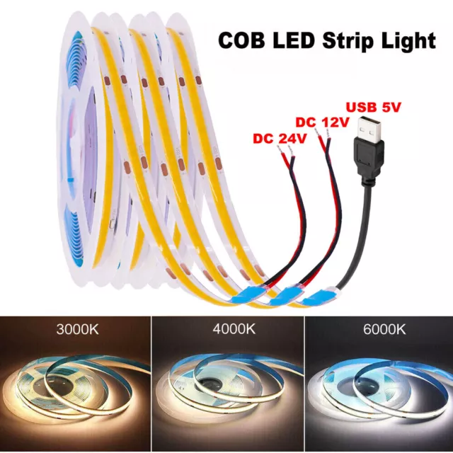 COB LED Strip Light Flexible Tape Lights Home DIY Lighting White Warm 5V 12V 24V