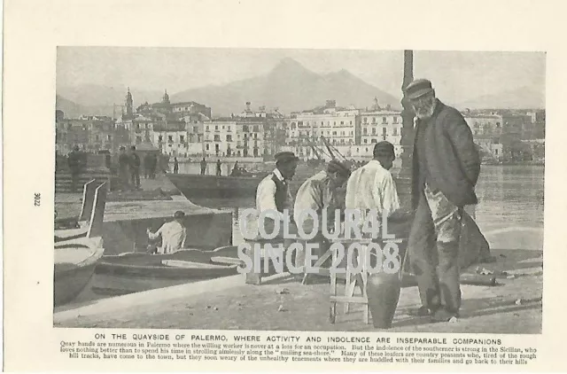 ITALY PALERMO QUAY SICILY BOATS PEOPLE  c 1920 BOOK PHOTO ILLUSTRATION PRINT