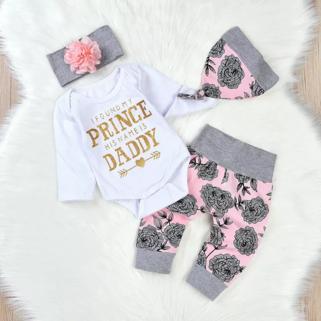 4PCS Newborn Baby Girl Bodysuit Romper Pants Headband Infant Outfits Clothes