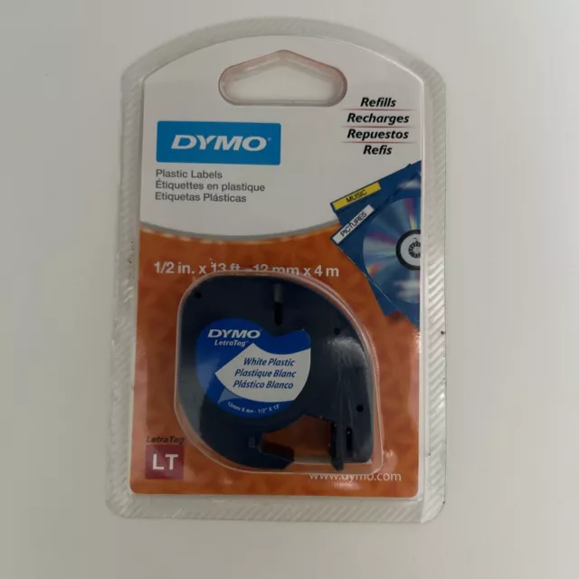 #Q) DYMO LetraTag Plastic Label Tape Cassette 1/2" x 13ft White 91331