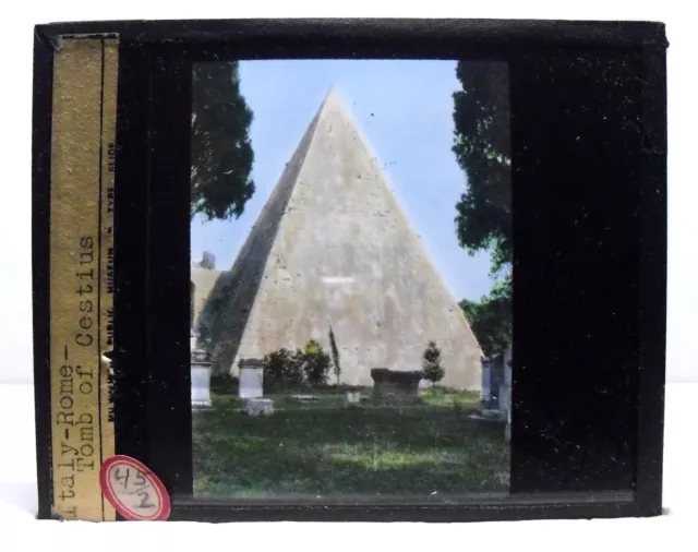 ITALY, ROME - PYRAMID OF CESTIUS, Tomb, vintage color Magic Lantern Glass Slide