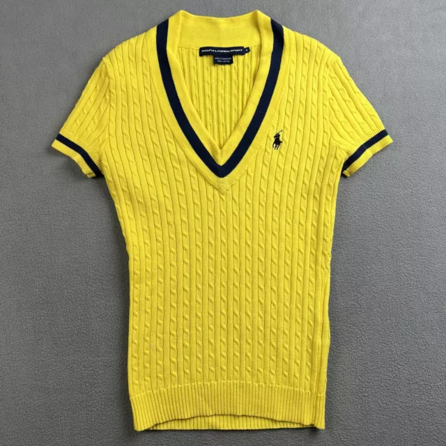 Vintage Ralph Lauren Sport Sweater Womens Small Yellow Cable Knit Short Sleeve