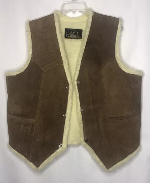 Sheep Skin Suede Leather Vest Mens 44 Snap Front Western Cowboy Pockets Vintage