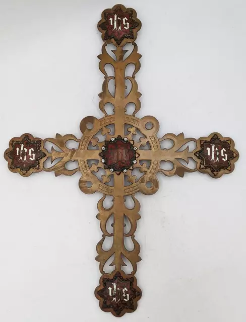 GOTHIC REVIVAL VICTORIAN ENAMELLED BRASS CROSS / CRUCIFIX C19TH 19.4 Inches