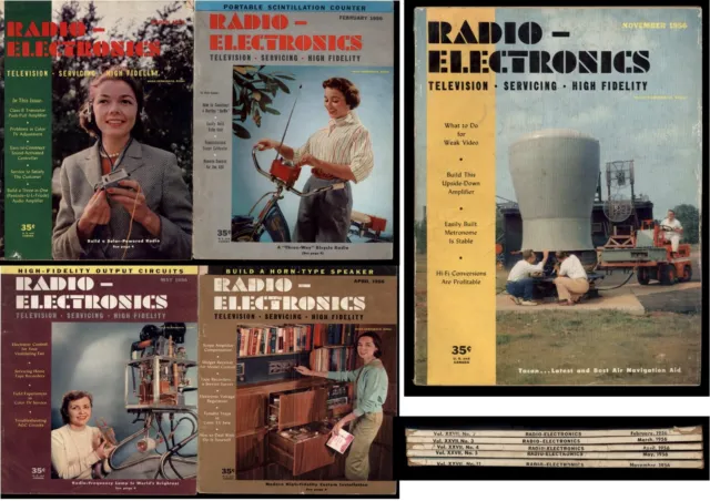 lot of FIVE * RADIO ELECTRONICS magazine 1956 * 2, 3, 4, 5, 11 details scanned