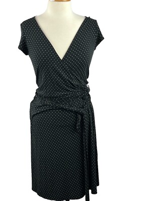 New York & Company Women's Wrap Dress Polka Dot Size Small V Neck Black