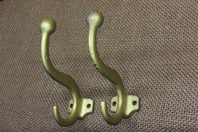 2 old Coat Hat Hooks school house vintage rustic BRASS COLOR Cast Iron 3