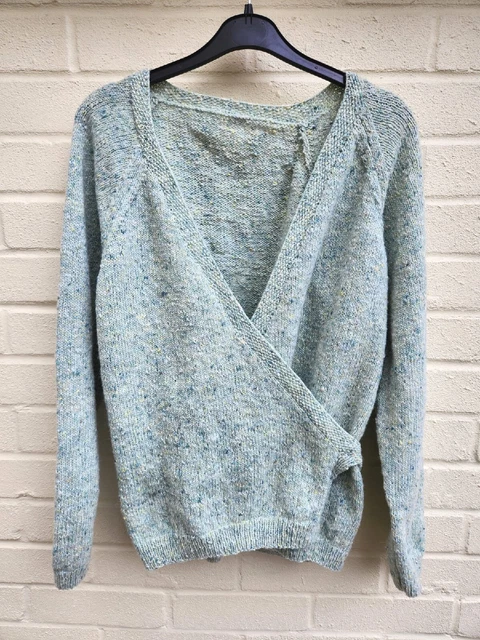 Hand Knitted Fine Donegal Green Cashmere Wool Mix Wrap Cardigan Size M
