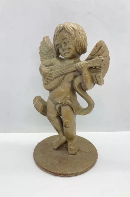 Heavy Cast Iron Angel Cherub /Mandolin Garden Door Stop Decorative Figure 8.5” T