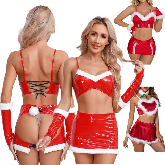 Womens Christmas Santa Claus Costume Xmas Lingerie Set Crop Tops with Mini Skirt