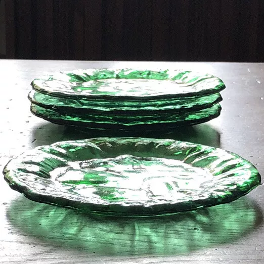 Vintage Handmade Ruffled GREEN Glass 8” Plate (4) Thick Round Artisan Heavy EUC