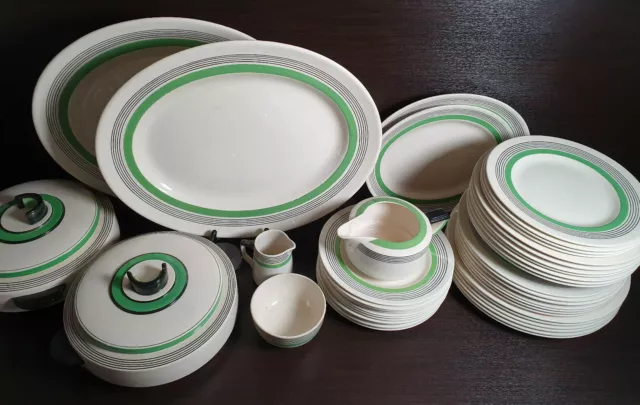 Royal Doulton 1930 Radiance Vintage Art Deco Green Dinner Plates Tureen Soup