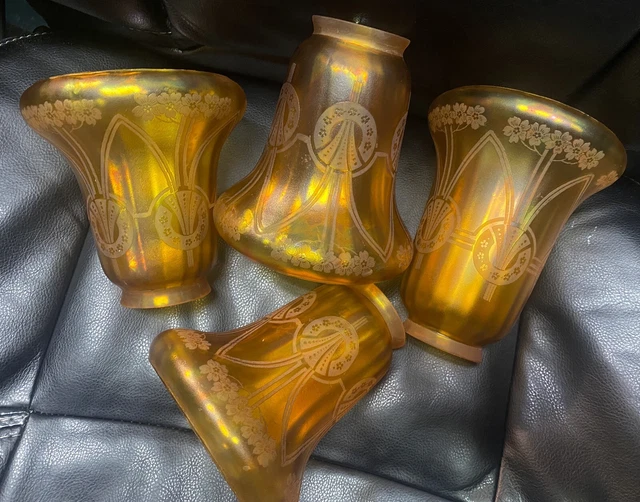 Lot 4 Vintage Amber Art Deco Optic Rib Etched Carnival Glass Chandelier Shades