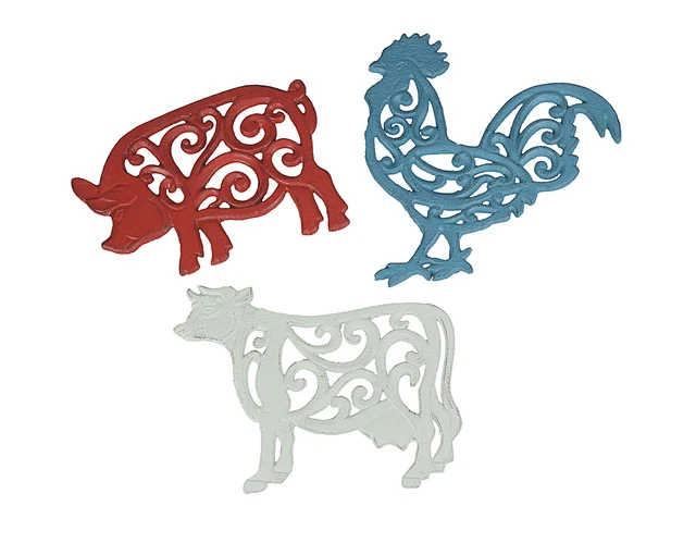 Set of 3 Cast Iron Farm Animal Kitchen Trivets Decorative Wall Hanging Art