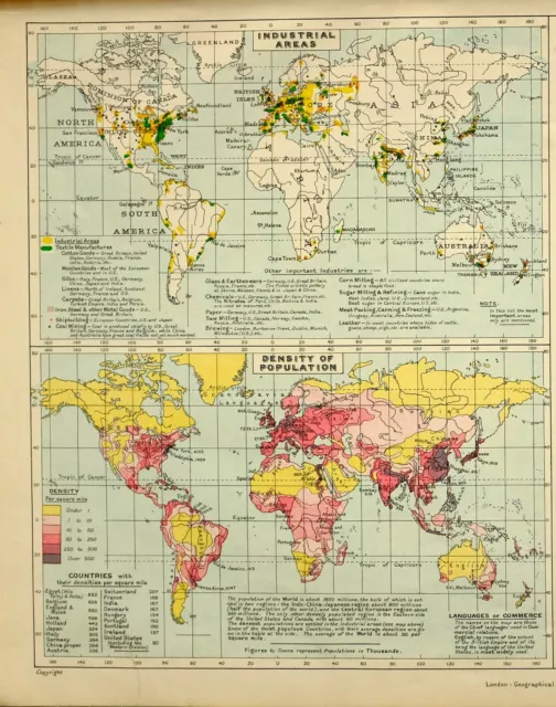 1909 Map World Industrial Races Mankind Density Population Religions Animal 2