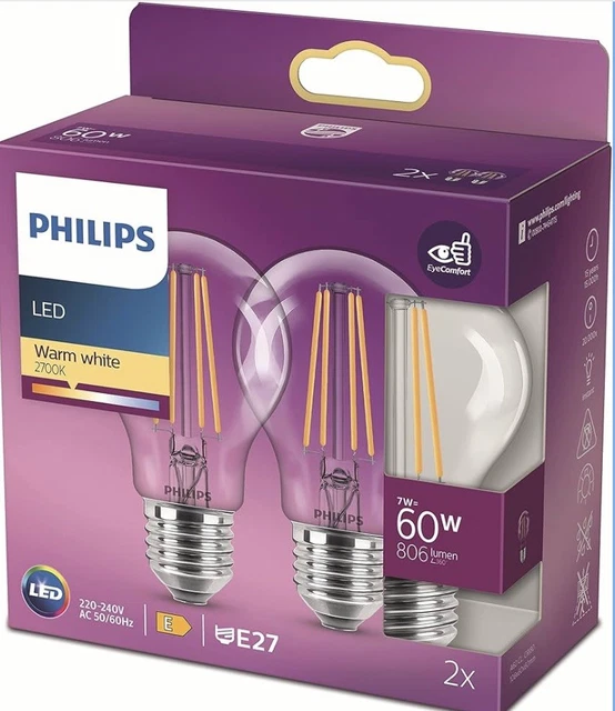 PHILIPS LED CLASSIC A60 Light Bulb Set of 2 [E27 Edison Screw] 7W = 60W ...