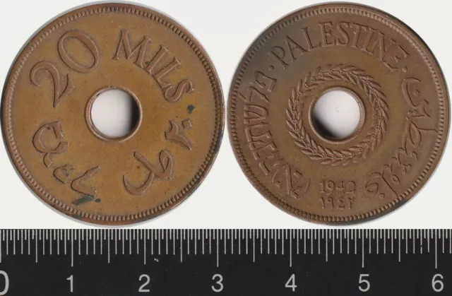 Palestine: 1942 20 Mils bronze KM 5a  Chocolate UNC, cple sm spots