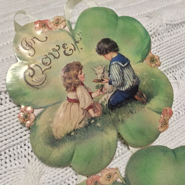 OLD PRINT FACTORY Victorian Shamrock Antique Paper Greeting Card With