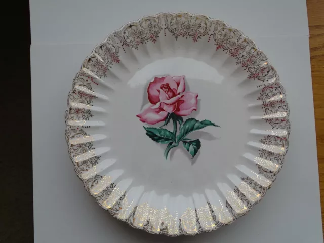 4 - 10" Dinner Plate with 22K Gold trim, Pink Rose in middle. 