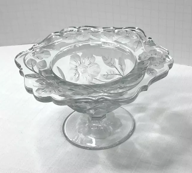Clear Pressed Glass Pedestal Bowl Etched Floral Design Scroll Open Edge, Heavy