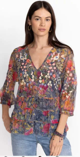 $248 Johnny Was Sz Xl Locust Mesh Embroidered Blouse Button Down No Cami Nwt