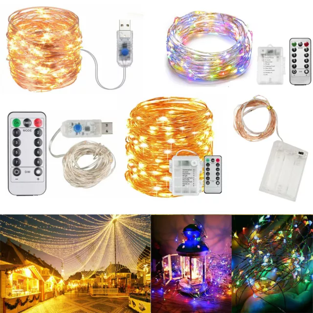 8 Modes LED Copper Wire Fairy String Lights 5M 10M Battery USB Operated Remote