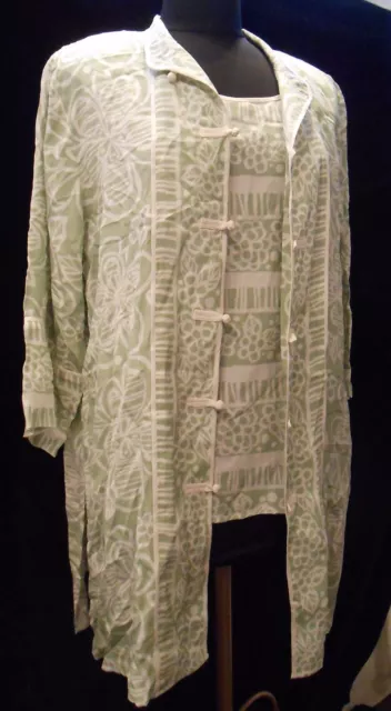 Bob Mackie Wearable Art 2 pc Top Set L Silk Shell Cardigan Womens Sage Print