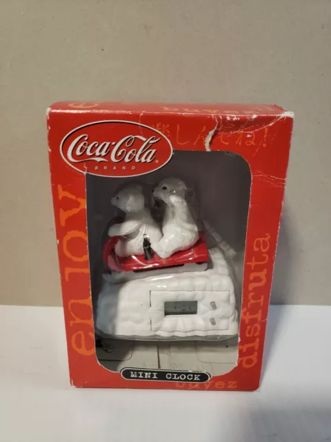 New Coca Cola Mini Clock - Polar Bears Sledding-Retired 2000 Free Shipping