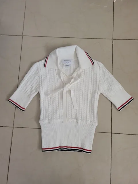 Size S - White Thom Browne Cable Knit Keyhole Polo T Shirt