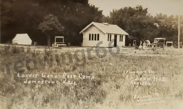 Vtg 1926-1940 JAMESTOWN ND Lovers Lane Camp RPPC AZO Real Photo Postcard-Model T