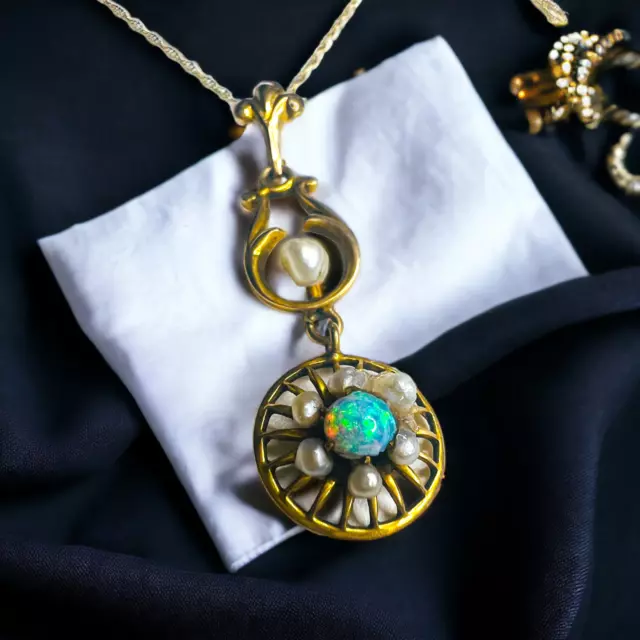 Antique Art Nouveau 10k Yellow Gold Opal Seed Pearl Necklace Lavalier Victorian