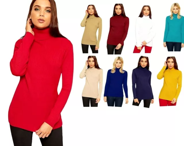 Womens Ladies Polo Neck Roll Turtle Neck Ribbed Jumper Top Long Sleeve