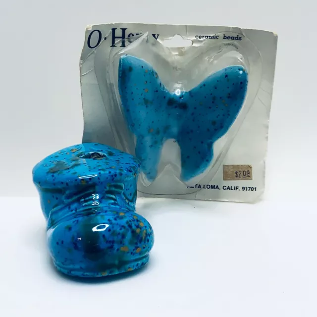 Vintage Blue Ceramic Large Macramé Bead Butterfly Shoe Speckled Glaze 2 Pack