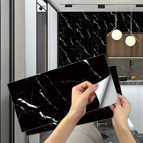 12 hojas pegatinas de azulejos de mármol, pegamento AMOYUN en azulejos cáscara y negro