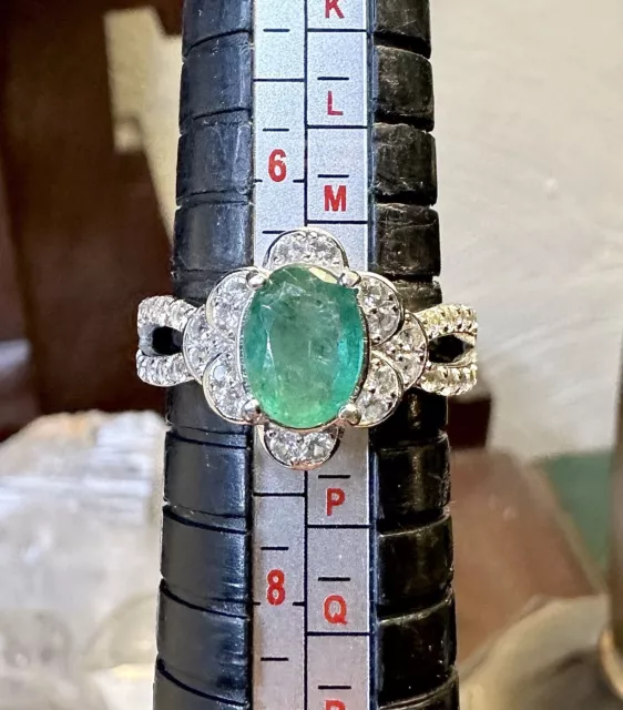 Lovely Natural Emerald (Tested) 925 Sterling Silver White Topaz Ring Sz 7 3