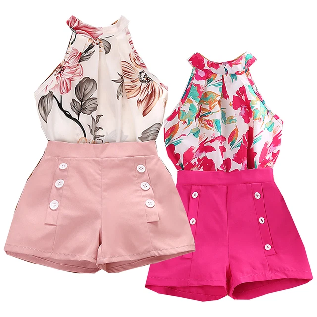 Kids Girls Summer Outfits Floral Print Halter Top Button Decor Shorts Casual Set