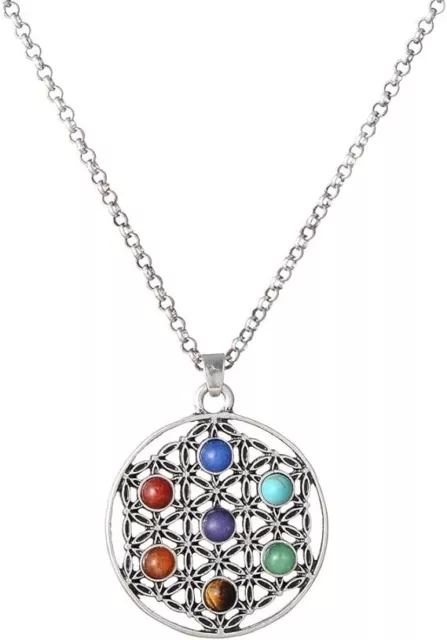 Sacred Geometry 7 Chakra Healing Crystals Necklace, Reiki Stones Pendant Jewelry