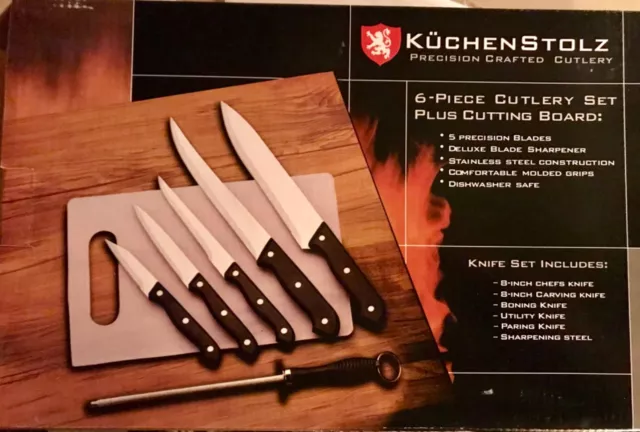 Kuchenstolz Precision Crafted Cutlery 6 Pc Knife Set-Sharpener-Cutting Board NEW