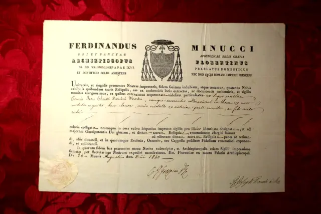 Certificato Per Reliquia Legno Santa Croce Gesù Cristo Domini Nostri Dnjc 1840