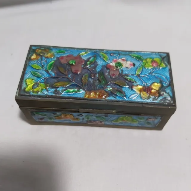 Antique 19th century Chinese Asian Enamel Bronze Box Floral Signed L9*W4*H3.5cm