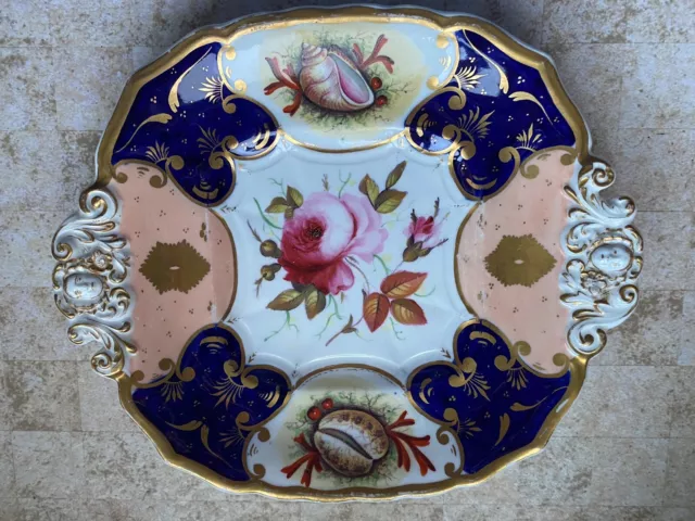 Vintage square serving / cake plate with handles roses / seashells - blue gilt