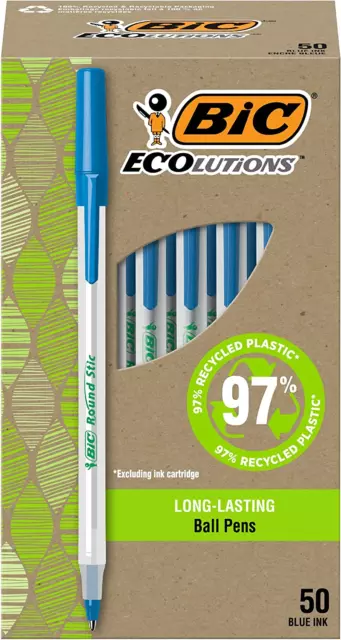 BIC Ecolutions round Stic Ballpoint Pens, Medium Nib (1.0 Mm), Pack of 50