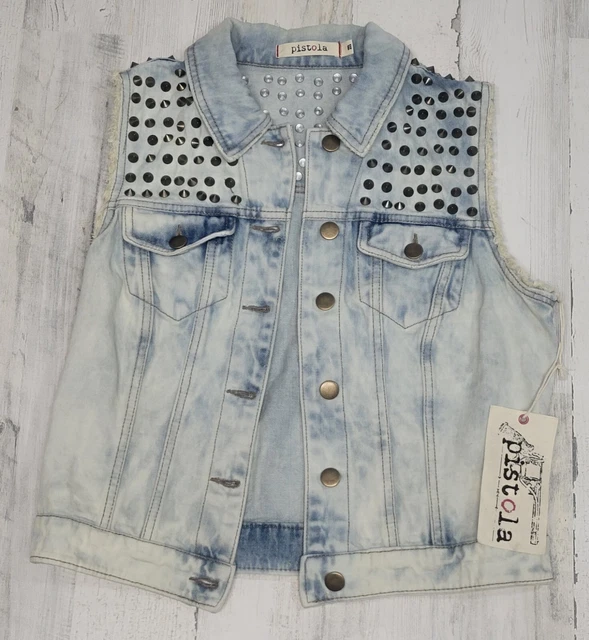 Pistola Vest Women Small Denim Studded Rocker Punk Jean Sleeveless Acid gold
